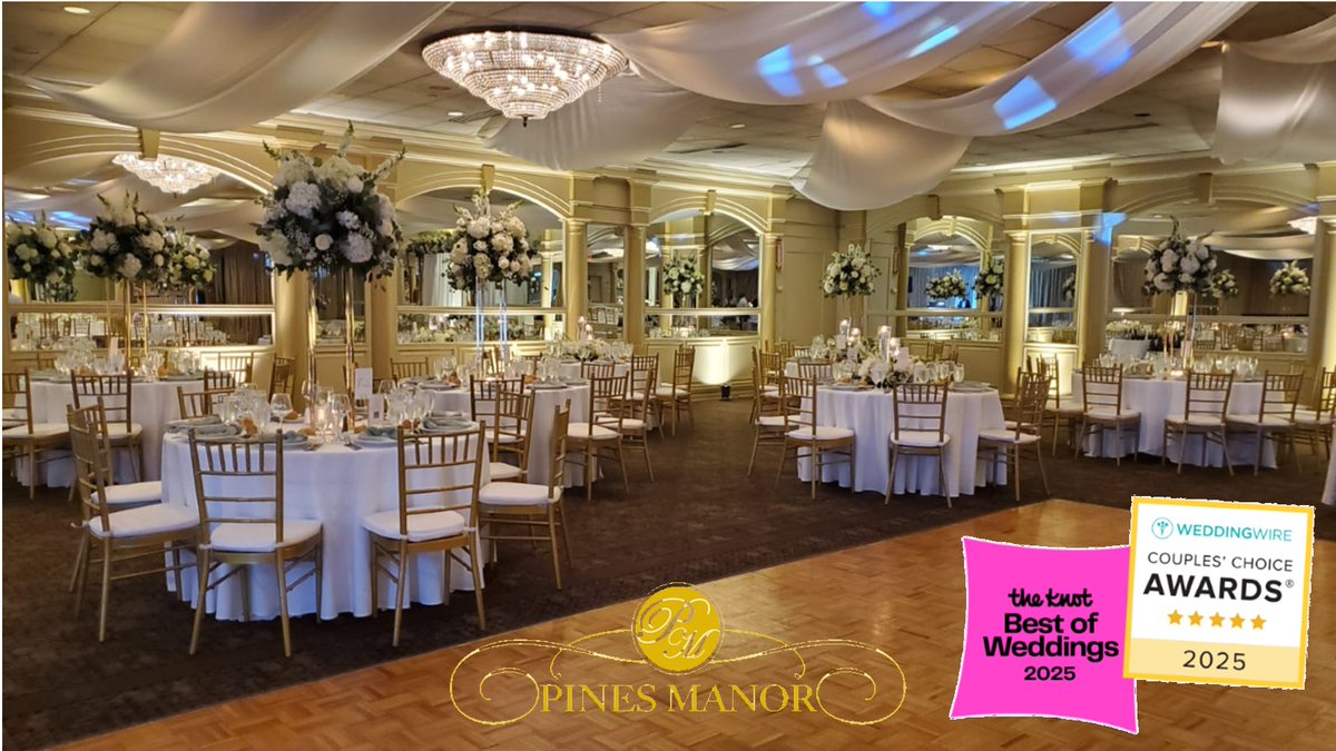 Attention Future Brides! 🎉 Plan an unforgettable #WeddingReception at the award-winning Pines Manor. With stunning newly-renovated ballrooms, exceptional service, &amp; mouthwatering cuisine, we’ll create the celebration of your dreams. Book your tour today 732-287-2222