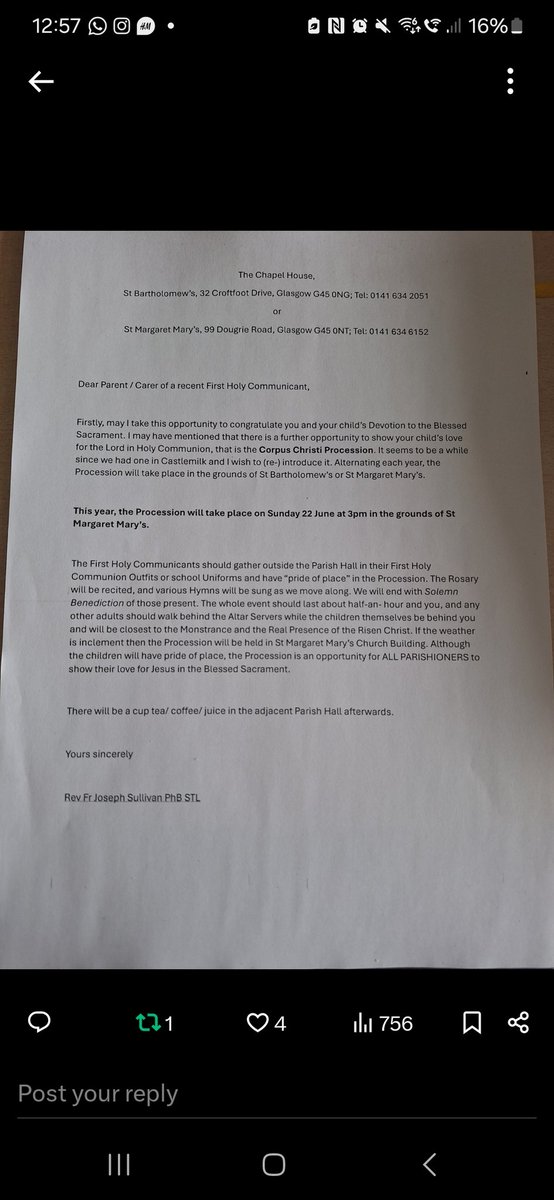 St Bartholomew's PS (@stbartholomews1) on Twitter photo IMPORTANT REMINDER - The Corpus Christie Procession will take place tomorrow in the grounds of St. Margaret Mary's Church at 3pm. First Communicants can take pride of place at the front of the procession in their finery.<a href="/StBartscmilk/">St. Bartholomew's</a> IMPORTANT REMINDER - The Corpus Christie Procession will take place tomorrow in the grounds of St. Margaret Mary's Church at 3pm. First Communicants can take pride of place at the front of the procession in their finery.<a href="/StBartscmilk/">St. Bartholomew's</a>