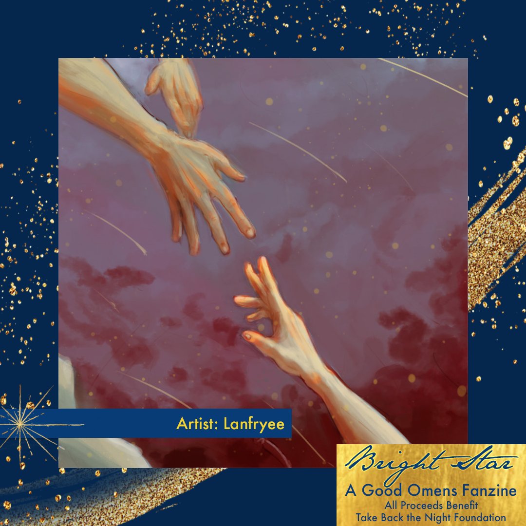 Today's spotlight by <a href="/lanfryee/">Elyo2</a> has two ineffable hands reaching out against a backdrop of shooting stars

Featured in 'Bright Star', our celestial fanzine. All profits go to the 'Take Back the Night Foundation'

pyracantha.itch.io/bright-star

#goodomens #brightstarzine #oowsfundraiser