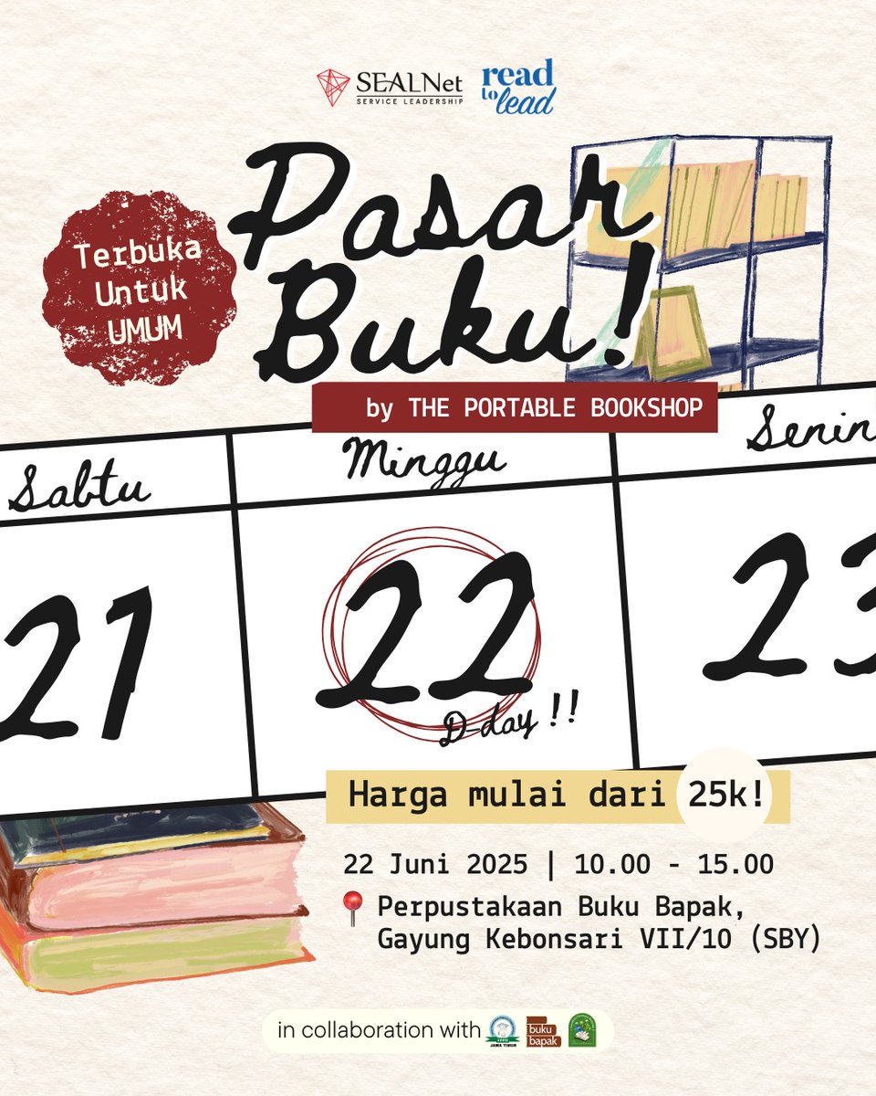 Hi everyone!! There's a bookish event in Surabaya tomorroww.. All profits will be used to support the improvement of university libraries across java✨
