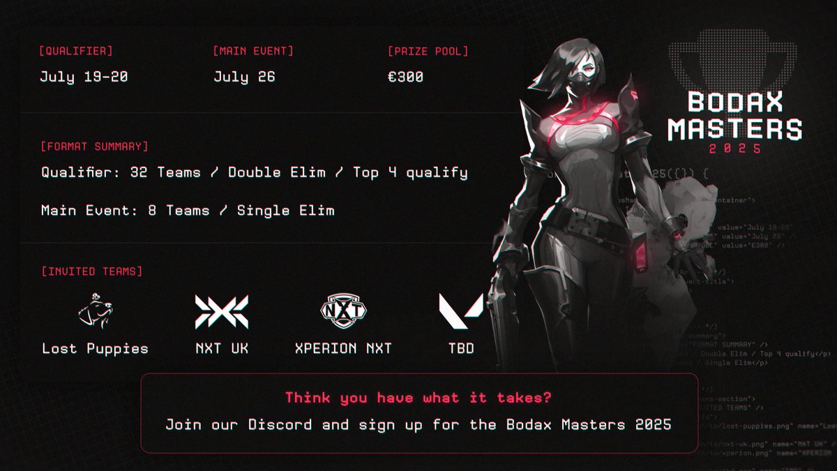 BodaxGaming (@gamingbodax) on Twitter photo π’ BODAX MASTERS 2025 β β¬300 PRIZE
ποΈ Qualifier: July 19β20 (32 Teams Β· Double Elim Β· 4 Teams Qualify )
π Main: July 26 (8 Teams Β· Single Elim)
π― Invited:
<a href="/Lost_Puppies/">Lost Puppies (LP)</a>
<a href="/GONXTGG/">NXT</a>
<a href="/XPERION_NXT/">XPERION NXT</a>
TBD
π₯ Must join Discord: discord.gg/SCRE27SpvQ
#BodaxMasters #GoBodax π’ BODAX MASTERS 2025 β β¬300 PRIZE
ποΈ Qualifier: July 19β20 (32 Teams Β· Double Elim Β· 4 Teams Qualify )
π Main: July 26 (8 Teams Β· Single Elim)
π― Invited:
<a href="/Lost_Puppies/">Lost Puppies (LP)</a>
<a href="/GONXTGG/">NXT</a>
<a href="/XPERION_NXT/">XPERION NXT</a>
TBD
π₯ Must join Discord: discord.gg/SCRE27SpvQ
#BodaxMasters #GoBodax