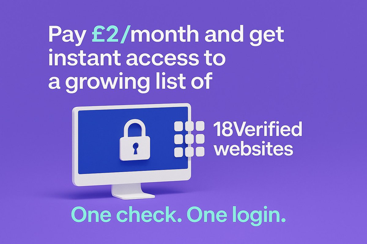18V2025's tweet image. Pay £2/month and get instant access to a growing list of 18Verified websites. 🔓

No repeats. No delays.
One check. One login.

#18Verified #AgeVerification #OneLogin #OnlineAccess