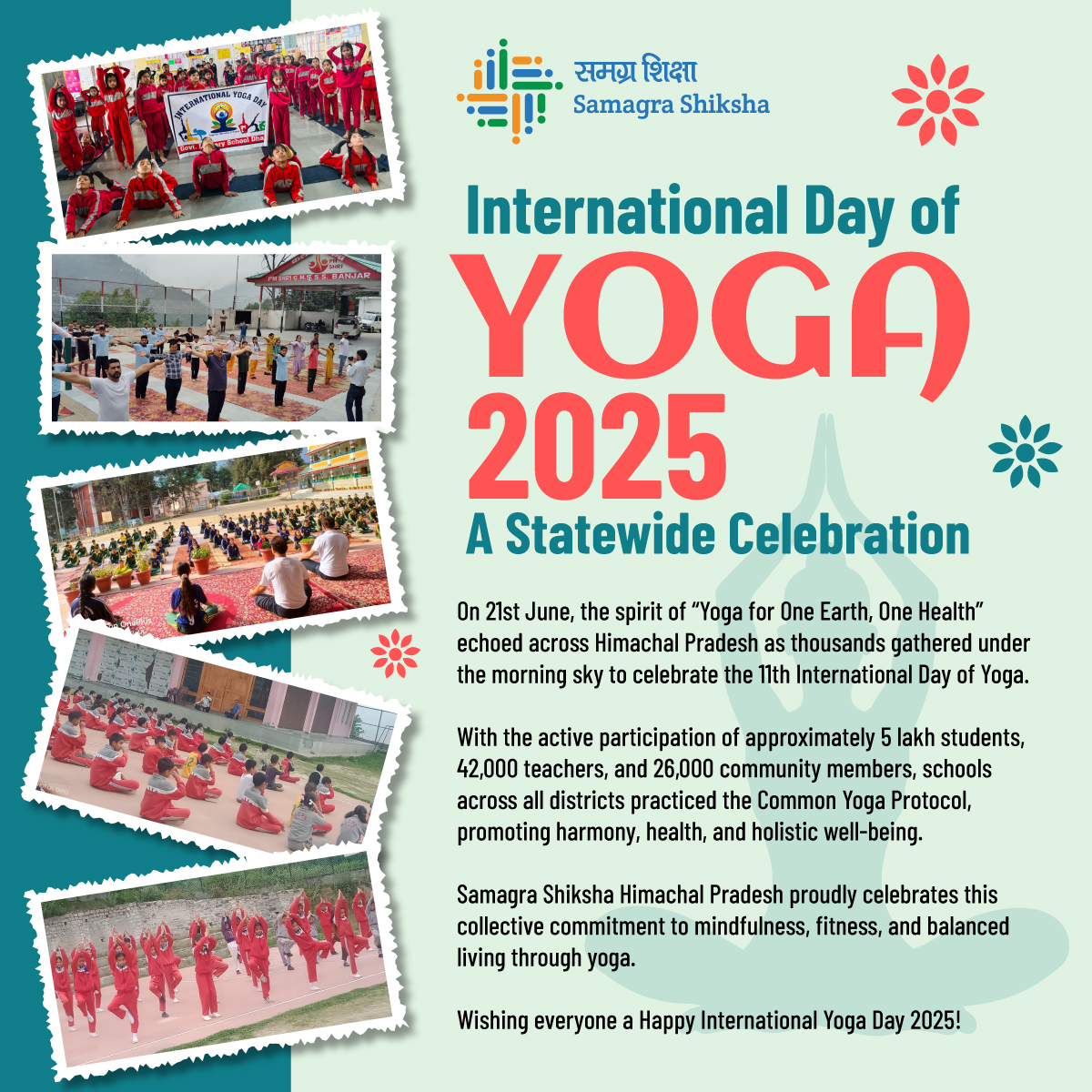 A collective breath of wellness!
Over 5 lakh students, 42,000 teachers, and 26,000 community members across Himachal Pradesh joined hands for #YogaDay2025 🧘🌿

#aolautensarkarischoolonkiaur
#SamagraShikshaHP #IDY2025 #YogaForOneEarthOneHealth #YogaInSchools #MindfulEducation
