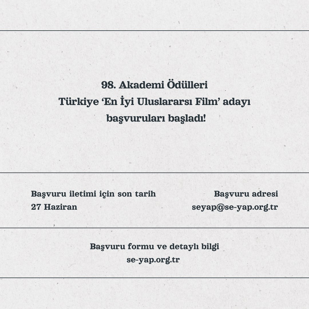 98. Akademi Ödülleri Türkiye ‘En İyi Uluslararası Film’ adayı başvuruları başladı!

Başvuru iletimi için son tarih: 27 Haziran

Başvuru formu ve detaylı bilgi için: se-yap.org.tr ✨