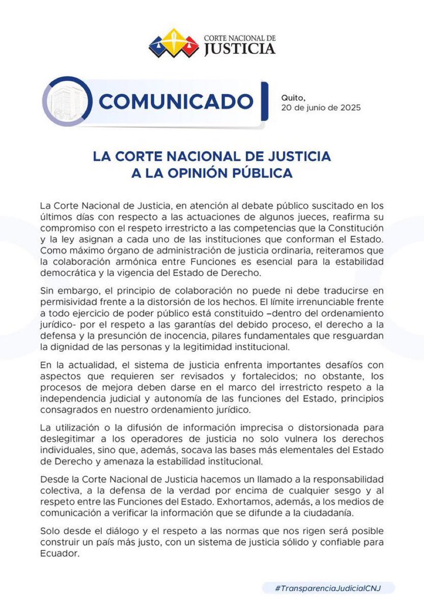 ‼️#URGENTE
Corte Nacional de Justicia señala que “la utilización o difusión de información imprecisa o distorsionada para deslegitimar a operadores de justicia, no solo solo vulnera los derechos individuales, sino que socava las bases del Estado de derecho”.