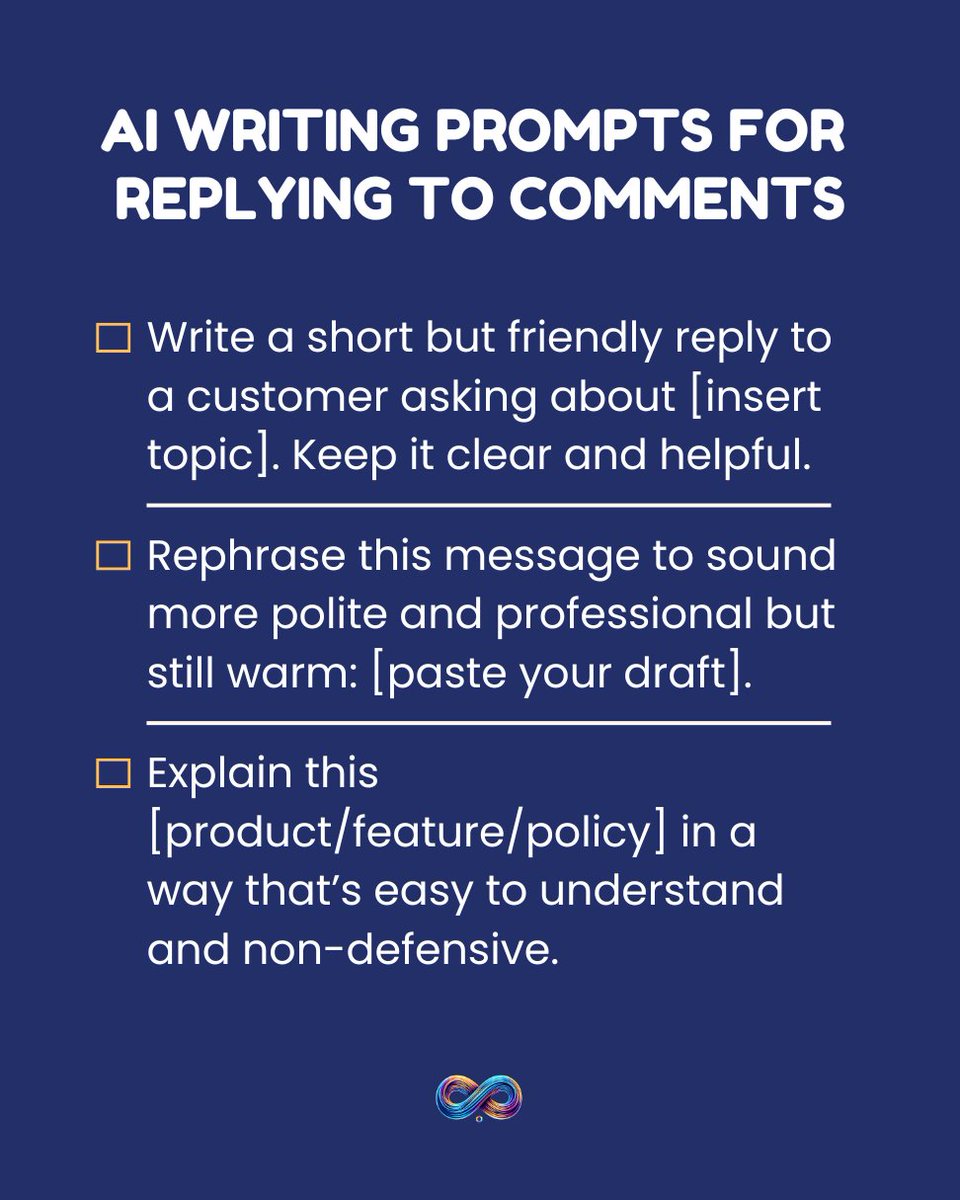 infinityengager's tweet image. Let’s be honest - sometimes it takes way too long to figure out how to respond to a comment or inquiry.

You know what you want to say…
But the words just don’t land. Or you’re not sure if it sounds helpful, polite, professional, [insert dilemma here].

That’s where AI can…