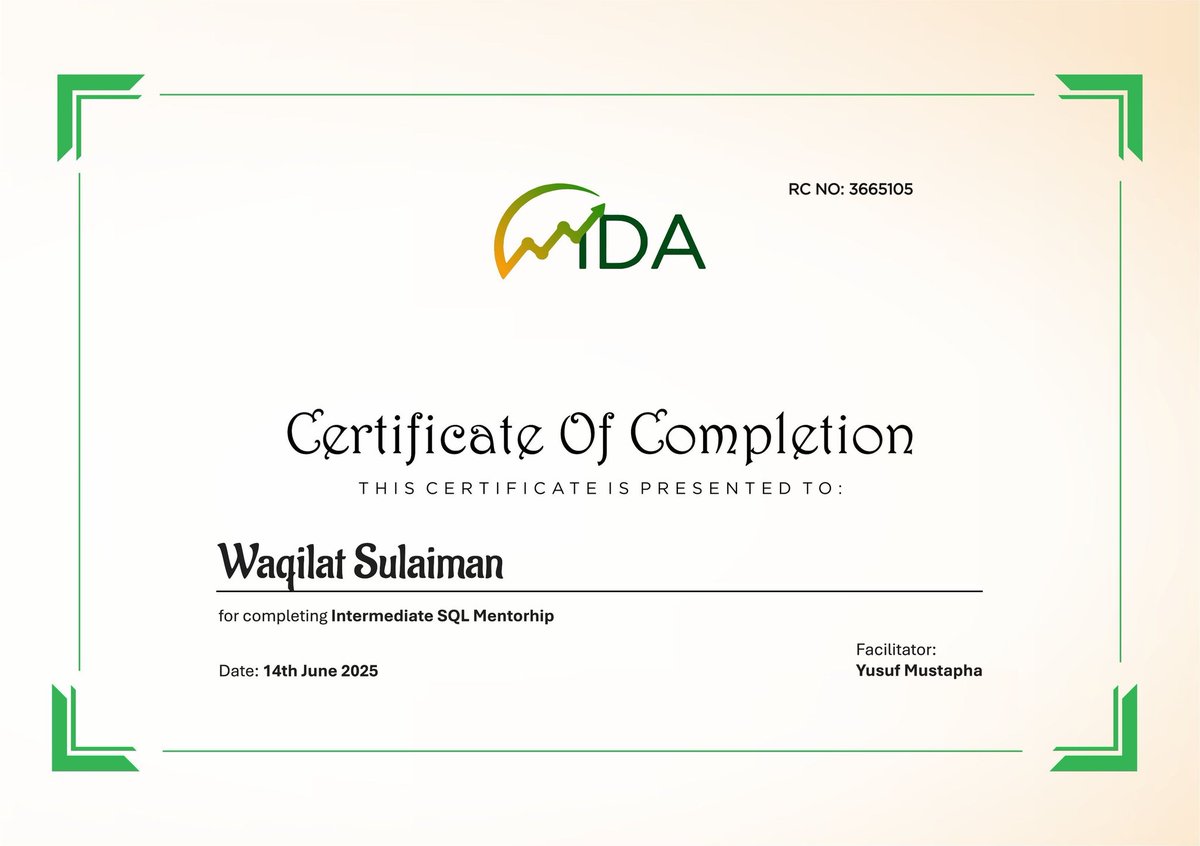 I have completed a 4-week SQL mentorship program with <a href="/LearnwithWiDa/">WiDa</a>. I gained valuable skills in team collaboration, database creation and automation, data cleaning and analysis using SQL. 
 Thank you <a href="/ibn_wittig/">Wittig Lyon</a> for the guidance and support.