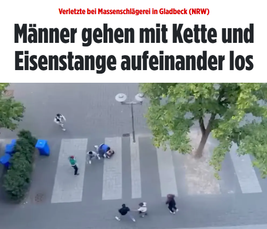 #Gladbeck: Hintergrund sollen Familienstreitigkeiten sein: Massenschlägerei mitten in der City! 8 Männer dreschen mit Eisenstange u Kette aufeinander ein. Auf einem Video sind Schreie und Hilferufe zu hören. „Alle Beteiligten sollen zumeist Deutsche sein." bild.de/regional/nordr…