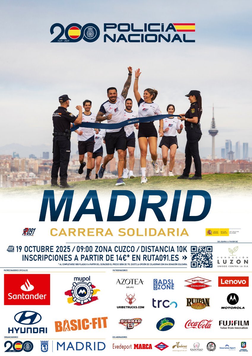 policia's tweet photo. Hoy es el #DiaMundialdelaELA y nos sumamos a él firmes y convencidos 

Lo hacemos también a través de nuestra #Ruta091 💙, porque la🏃🏃🏼‍♀️carrera de #Madrid es a favor de la @FundacionLuzon 

🔹Misión👉🏼 impulsar la investigación de la #ELA, mejorar la calidad de vida de los enfermos y visibilizar la enfermedad más cruel del mundo, tal y como afirma la propia #OMS

¡Únete a nosotros en esta lucha, que es de todos!💪🏼

🎽Inscríbete aquí⤵️
🔗 https://t.co/TYyiUbVU9T

@BasicFit_ESP @HyundaiEsp @SantanderExp @polimupol