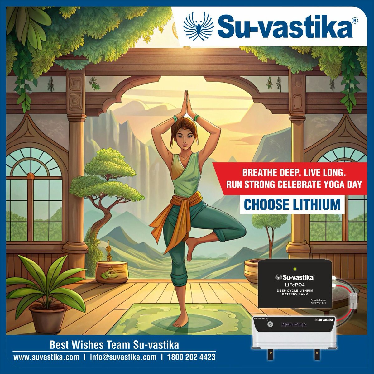 🧘‍♂️ Breathe Deep. Live Long. Run Strong.
This Yoga Day, embrace balance in life—and in power.

This Yoga Day, find your balance—with Su-vastika Lithium batteries powering your journey.
#Suvastika #YogaDay2025 #GreenPower #GreenEnergy