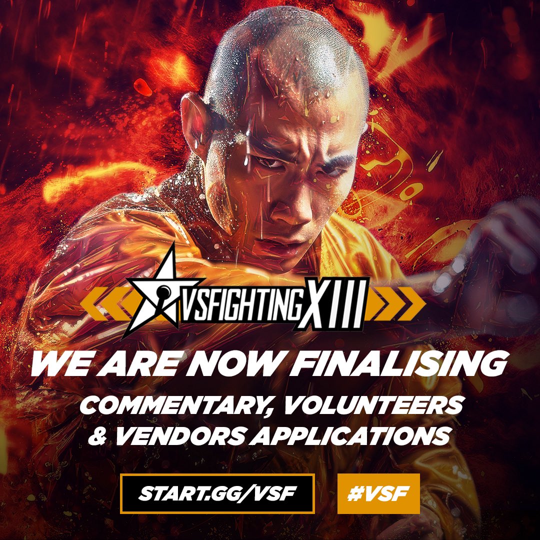 🚨VSFighting XIII update!🚨

We are now in the process of finalising commentary, volunteer and vendor applications!

You should hear back from us this coming week! Good luck! 💪🔥 #VSF
