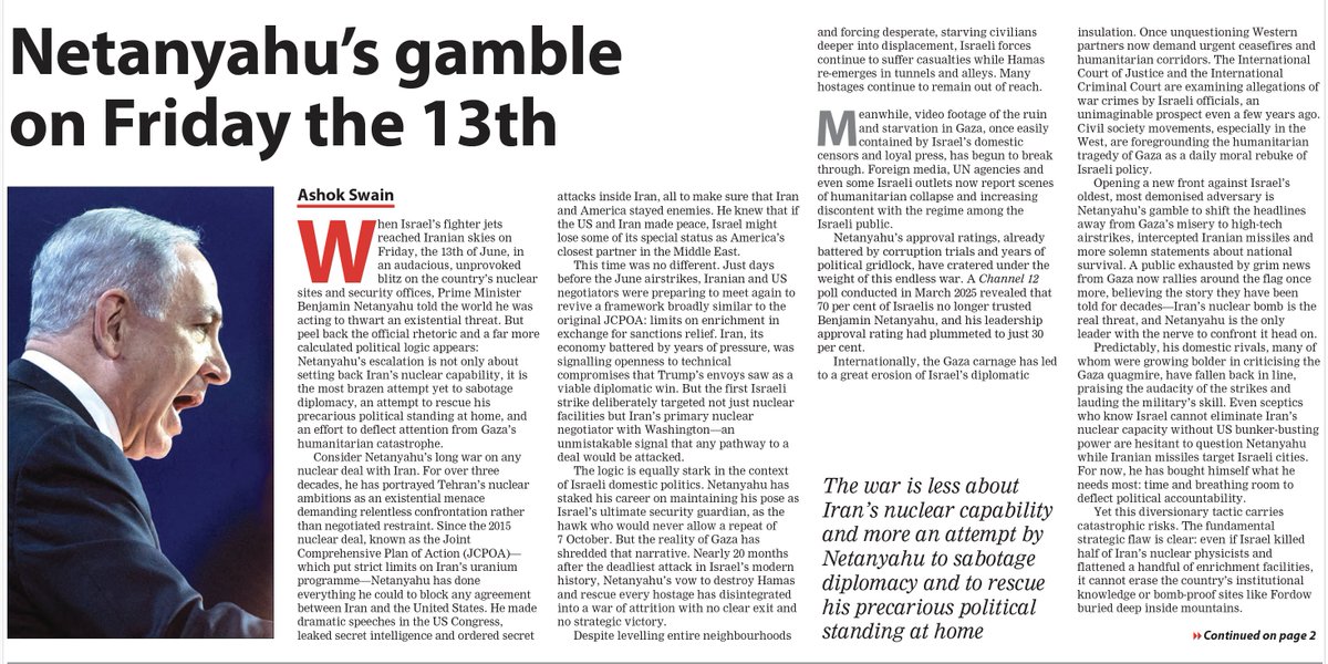 Netanyahu has started a war with Iran not to save Israel from Iran's alleged nuclear bombs but continue to survive politically at home and not to go jail in Israel or in The Hague. #MyPiece National Herald, 22 June 2025. nationalheraldindia.com/opinion/netany…