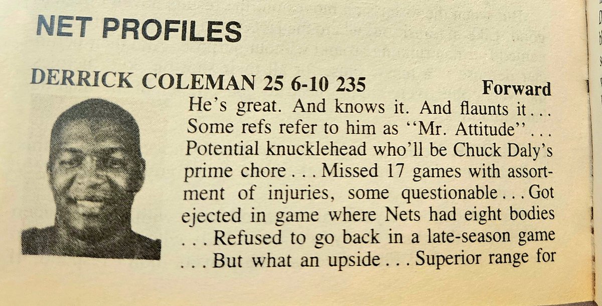 Hollander POTD Derrick Coleman. Syracuse PF was the 1st pick by NJ in 90. Was really good first 4 yrs (20 ppg, 10.6 rpg) won 90-91 ROY &amp; all-star in 93-94. Was poster child for Gen X complaints by old timers. Traded to PHI in 95, was good role guy there &amp; in CHA. Retired in 05.