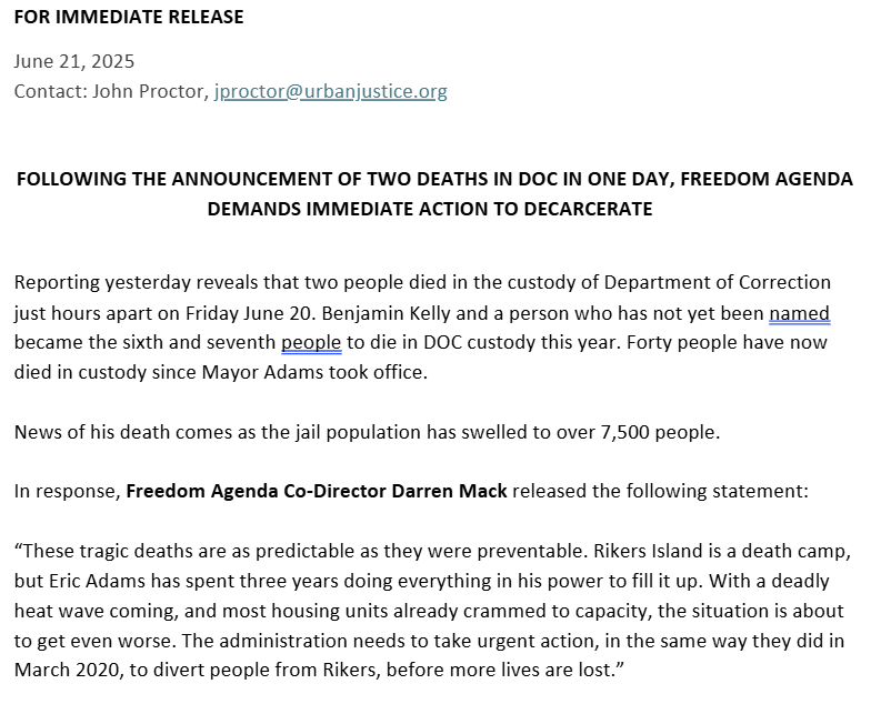 STATEMENT from Freedom Agenda after DOC announced that two New Yorkers died in their custody Friday afternoon