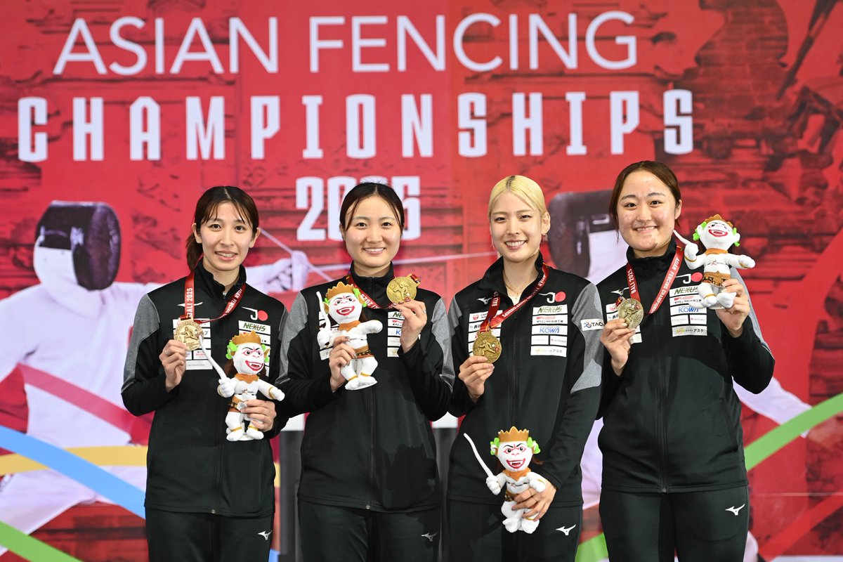 FIE_fencing's tweet photo. Women’s Team Sabre Medalists at the 2025 Asian Fencing Championships in Bali! 🇮🇩🥳
🥇 Team Japan 🇯🇵 @FJE_fencing 
Misaki Emura
Yuina Kaneko 
Seri Ozaki 
Yui Sano 

🥈 Team Korea 🇰🇷  Committee-KSOC
Sebin Choi
Hayoung Jeon 
Jeongmi Kim
Jiyeon Seo 

🥉 Team Uzbekistan 🇺🇿  
Zaynab Dayibekova   
Luisa Fernanda Herrera Lara 
Gulistan Perdibaeva
Samira Shokirova 

#fencing #escrime #esgrima #FIE #AsianChampionships #Bali2025 #Indonesia #zonalchampionships #sabre 
📸 Eva Pavia Gomes | #BizziTeam