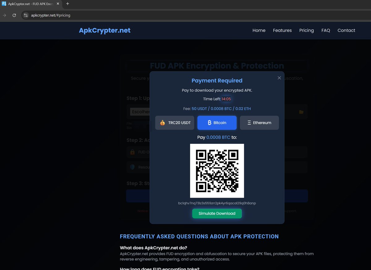 setThreatTitle's tweet image. hxxps://apkcrypter.net (Advanced Malware Crypter)
Suspicious wallets:
'Bitcoin', address: 'bc1qhv7nq73lz3s559zrr2pk4yr6qacal29q0h8anp
'Ethereum', address: '0x9C325989e429cd149f7963F81F808d3Fe7E24398
'TRC20 USDT', address: 'TKDC9CnQFGXA8prDgtkKie7JzrSHYt7ddq