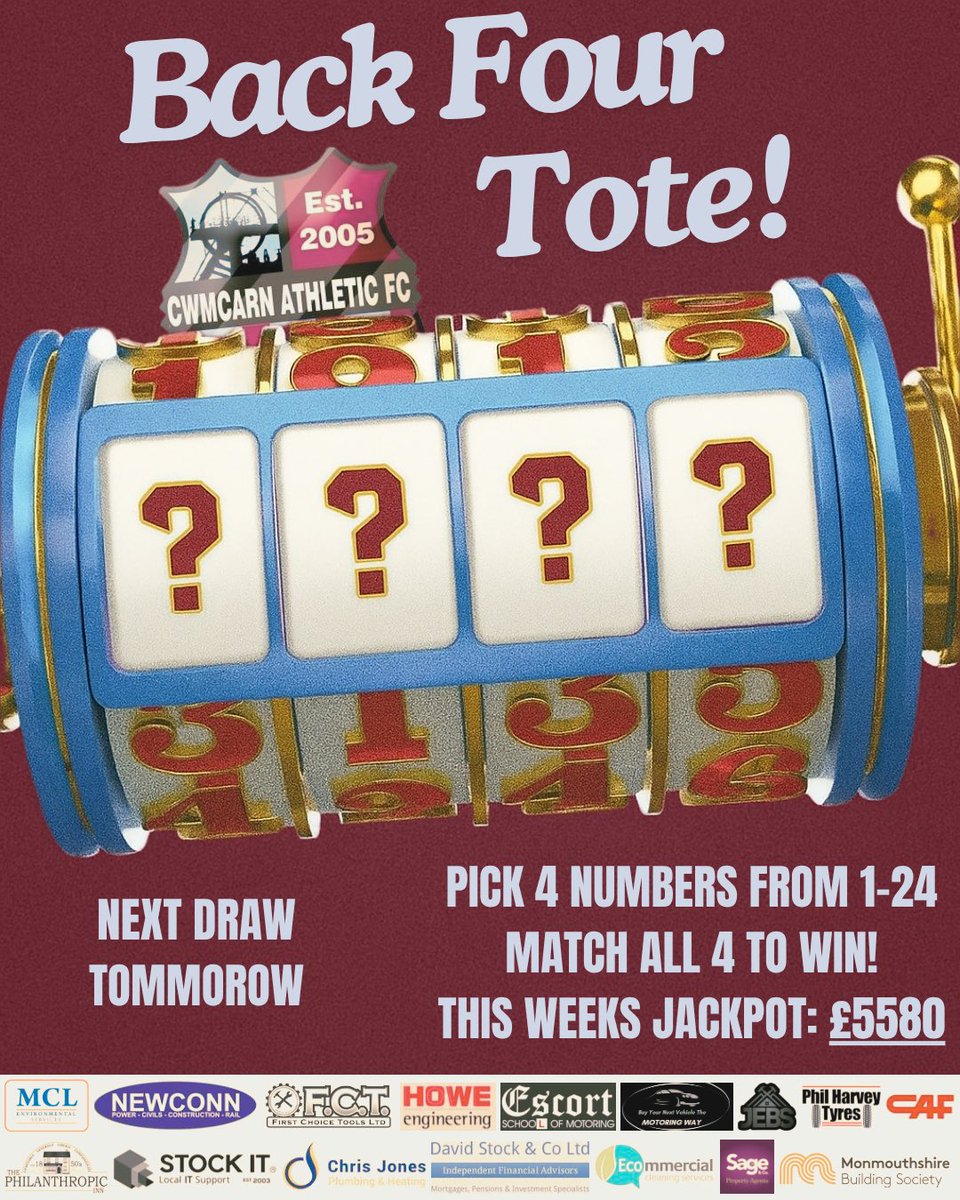 💰 Back Four Tote!

📅 Next Draw: Sunday, 22nd June 2025

🎰 This Week’s Jackpot: £5,580 up for grabs!

🎟️ Tickets available at Janes Store, the Philanthropic Inn, or online 👇

🔗 …carn-athletic-football.sumupstore.com/product/tote-b…

Don’t miss your chance – get involved!

#UppaCarn🟣🔵
