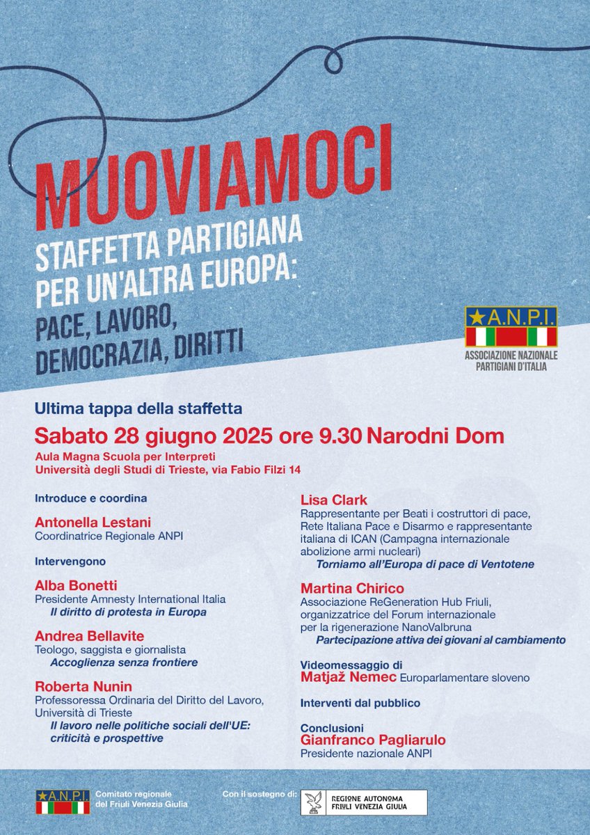 Alba Bonetti (she/her) (@abon65) on Twitter photo Sabato 28 a Trieste termina la staffetta con cui #ANPI ha promosso una riflessione su un'altra Europa.
Molto orgogliosa di intervenire a nome di <a href="/amnestyitalia/">Amnesty Italia</a> Sabato 28 a Trieste termina la staffetta con cui #ANPI ha promosso una riflessione su un'altra Europa.
Molto orgogliosa di intervenire a nome di <a href="/amnestyitalia/">Amnesty Italia</a>