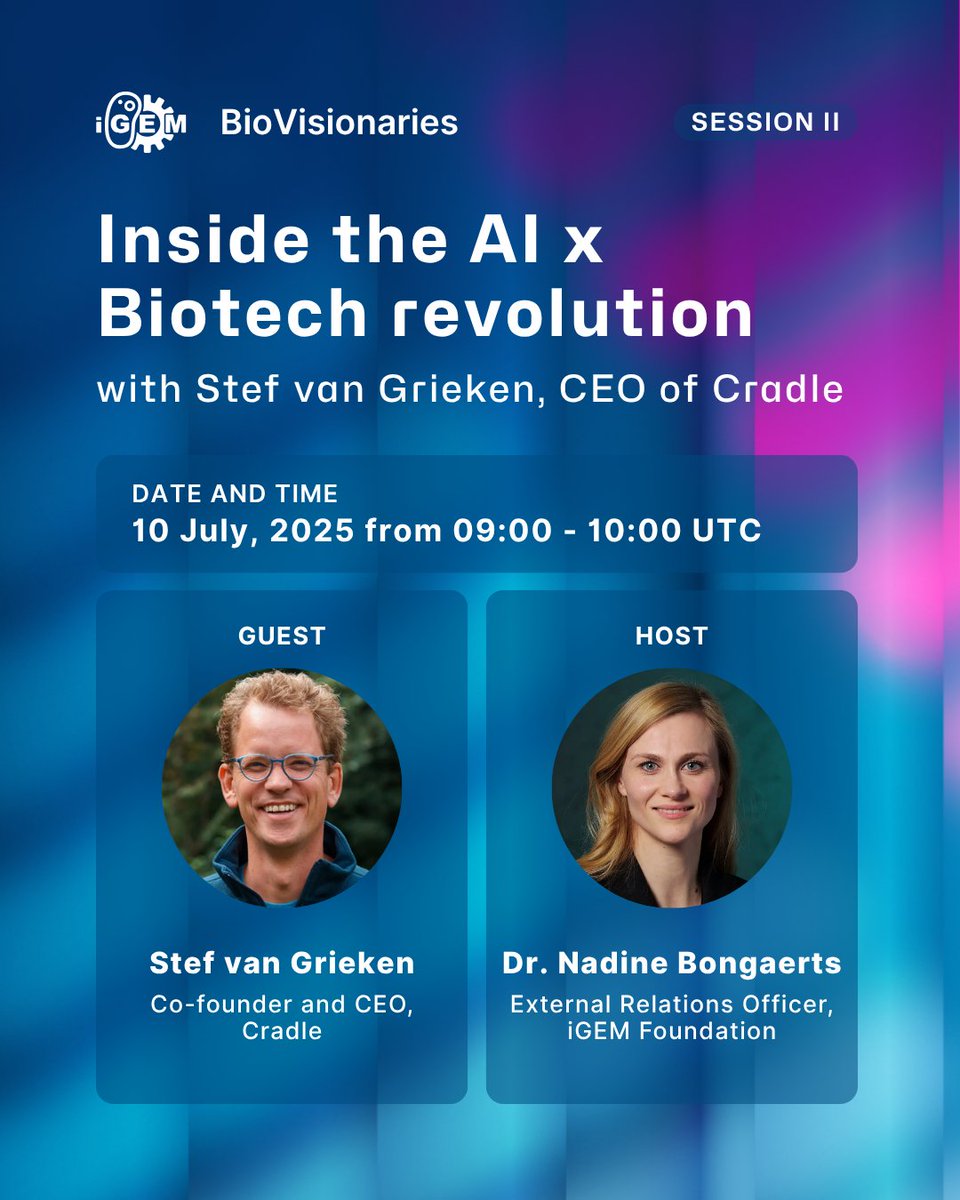 iGEMCommunity's tweet image. What does it take to move AI from hype to real impact in biotech?
Join Stef van Grieken (@stefvangrieken) , CEO of Cradle, for our next BioVisionaries conversation on how using AI-powered tools in protein design can empower scientists.
Register: igem-org.zoom.us/j/87888371109?…