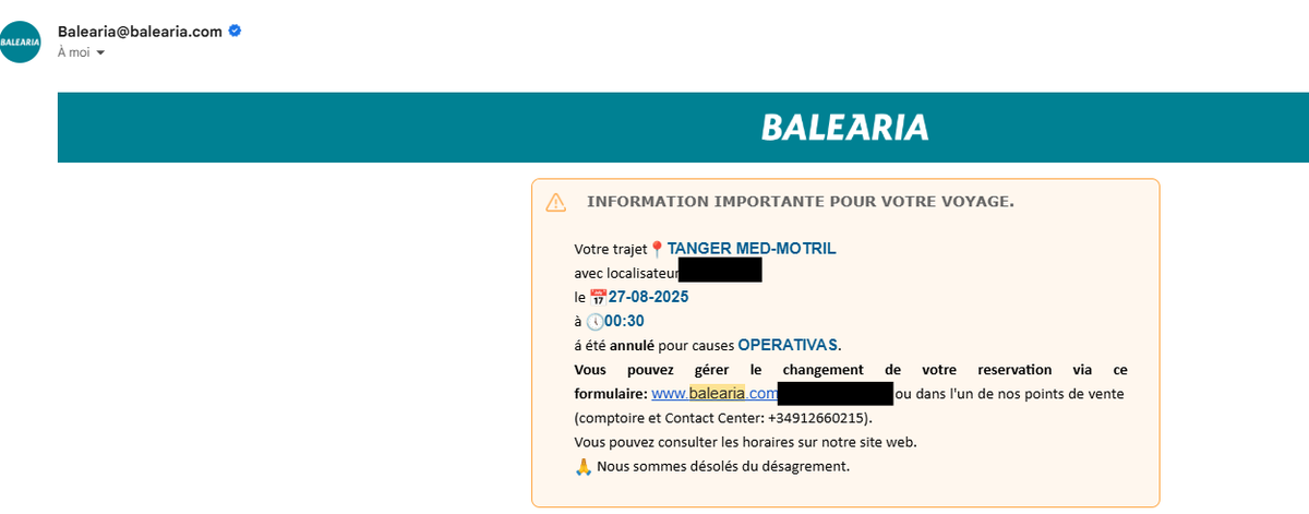 rayahya's tweet photo. @Balearia  a annulé unilatéralement notre traversée retour Tanger-Med → Motril (27/08) sans compensation ni alternative équitable. Nous sommes des milliers de Marocains à avoir subi le même sort. Pour tous les voyages prévus entre le 14/08/25 et 31/08/25.
1/3 https://t.co/A7ab7Bz9na