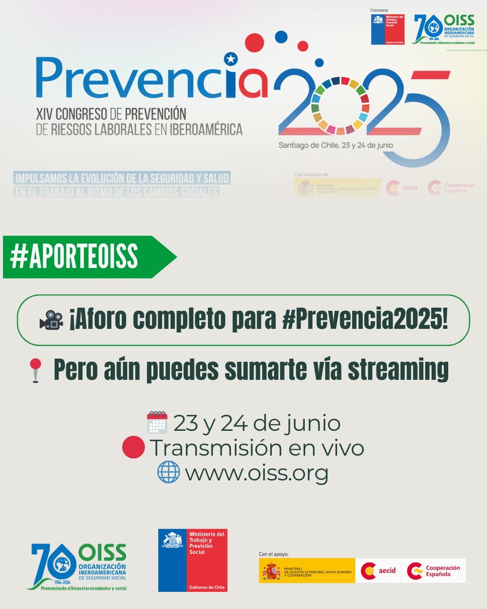 #AporteOISS #
🎥 ¡Aforo completo para #Prevencia2025! 
📌 Si no pudiste inscribirte, no te preocupes. Te esperamos en la transmisión vía streaming los días 23 y 24 de junio.
Conoce más información y programa completo en:  oiss.org/prevencia-2025/