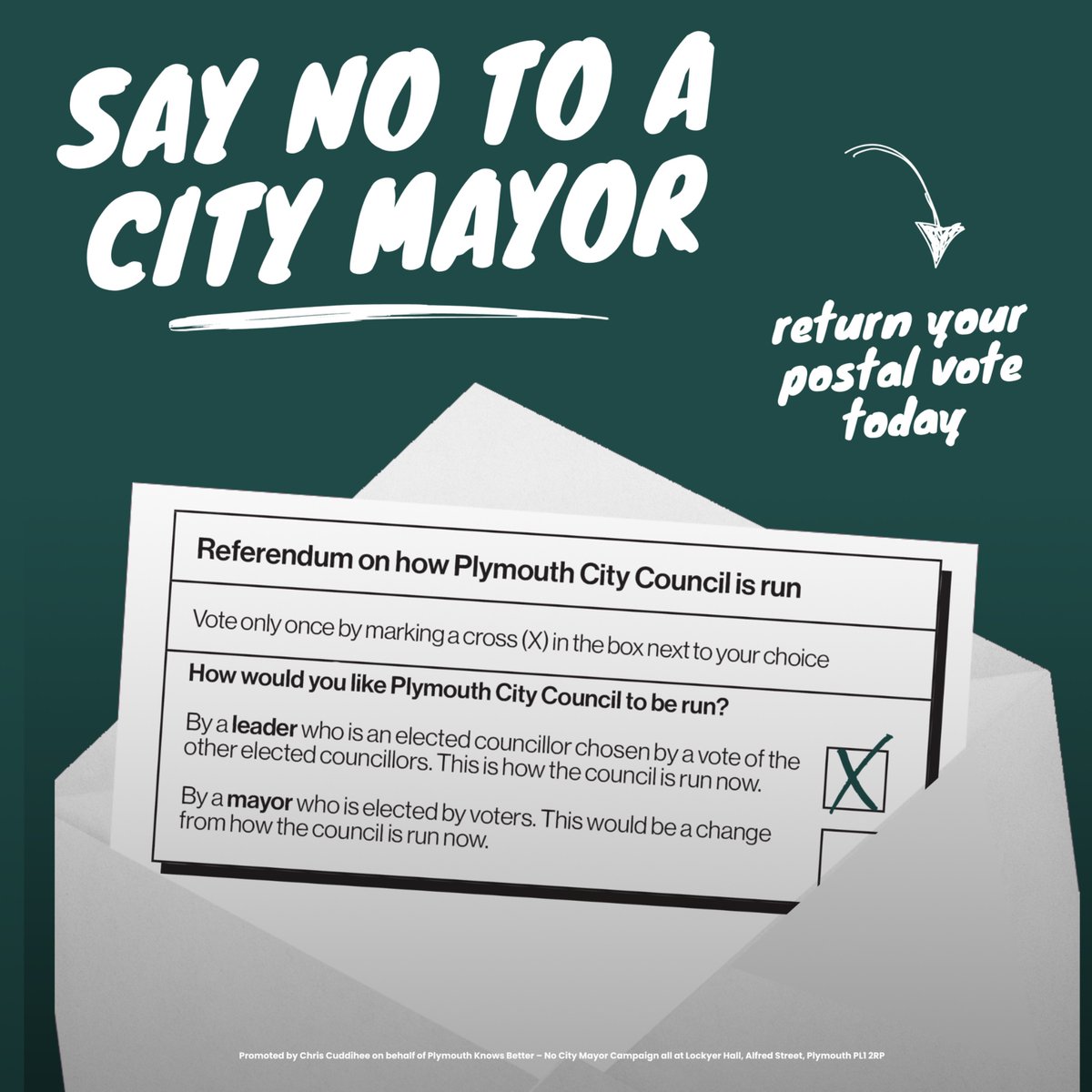 📮 Postal votes are landing from today.

This £410k referendum was led by a millionaire who called Plymouth “sensational real estate.” 

❌ Costly + Failed elsewhere
❌ No plan, just spin
❌ Govt wants to scrap them 

Don’t fall for the fantasy.

#NoCityMayor #PlymouthKnowsBetter