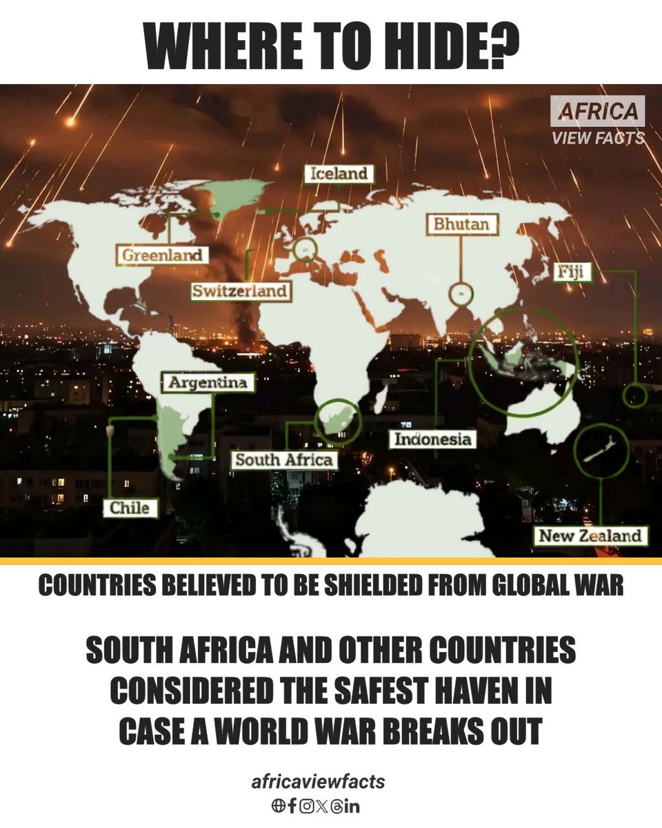 South Africa 🇿🇦 is one of several countries seen as safe if a world war starts.

Others include Antarctica, Iceland, New Zealand Fiji, Chile, Argentina, Indonesia, and Switzerland because they are far from major conflict zones, neutral, or self-sufficient.

Source: Daily Mail
