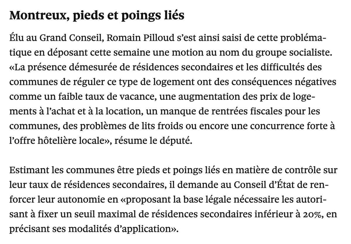 Les communes doivent pouvoir contrôler leur taux de résidence secondaire, même en-dessous de 20% mais il manque une base légale. Avec le PS, j'ai déposé une motion pour y remédier, car il y a urgence face à la pénurie de logement 🏡

Article : 24heures.ch/montreux-la-ba…