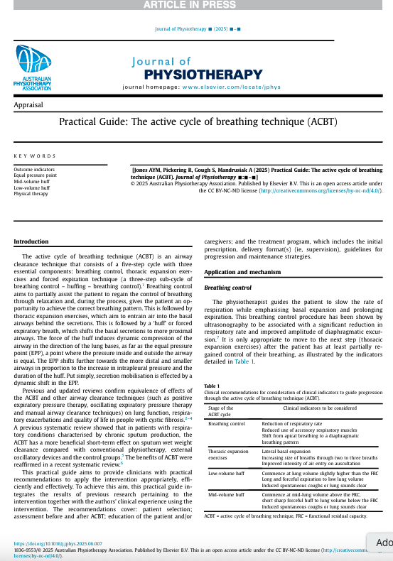 I am excited to share the ‘open access version’ of our Practical Guide on ACBT,  now available in the Journal of Physiotherapy: kwnsfk27.r.eu-west-1.awstrack.me/L0/https:%2F%2…
This practical guide highlights the mechanisms underpinning ACBT and advocates for the use of  terms: mid and low volume huffs.