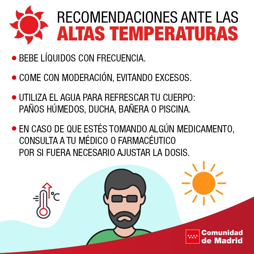 ☀️ Este fin de semana se esperan altas temperaturas en la Comunidad de Madrid.

💧 No olvides mantenerte hidratado, evitar la exposición solar y vigilar a tus mayores.  

#ProtégetedelCalor   

+Info: c.madrid/protegetedelca…