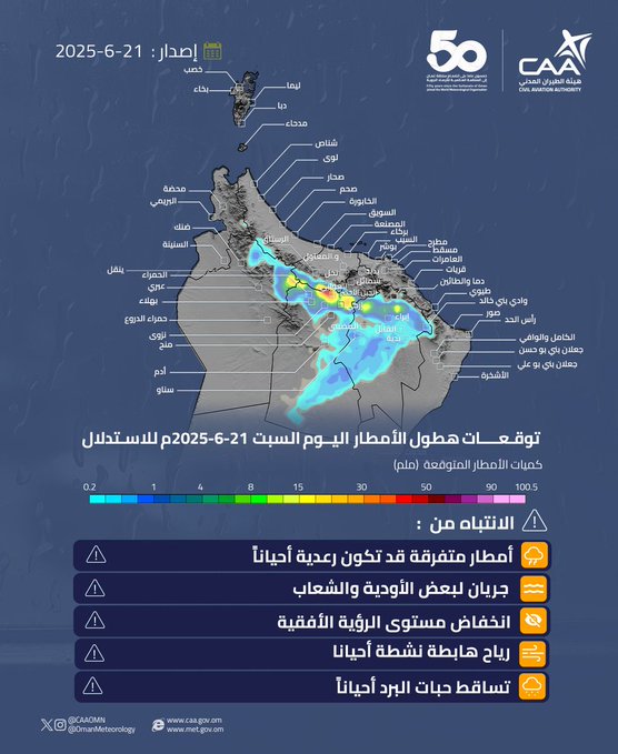 #الصحوة | الأرصاد العُمانية: كميات الأمطار المتوقعة اليوم السبت 21 يونيو 2025 وأماكن نشاط الرياح الهابطة المتوقعة استدلالا بالنموذج العددي العُماني.