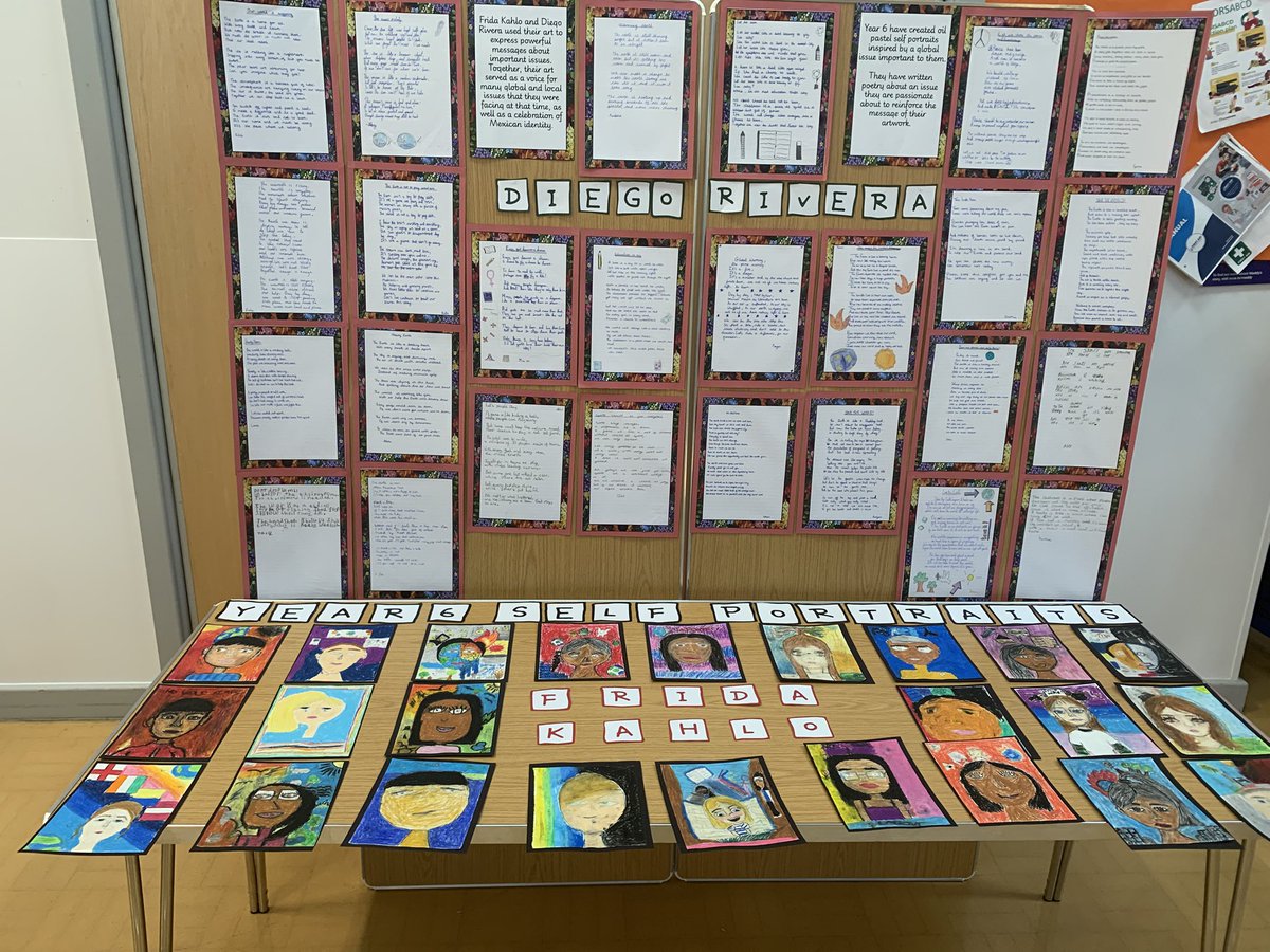 Summer Art Exhibition- Frida Kahlo-Diego Riviera. Year 6 oil pastel self portraits inspired by a global issue - writing passionate poetry to reinforce the message of artwork.