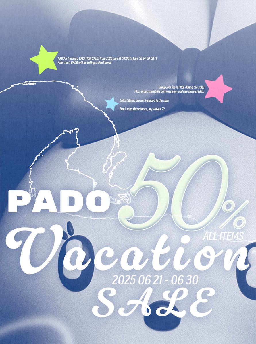 PADO_rabbit's tweet image. 🌊PADO vacation sale🏄

All items are 50% off
Group join fee is FREE during the sale
only PADO mainstore

From June 21 00:00 to 30 24:00 (SLT)

Hope you enjoy breezy summer🫂💙

maps.secondlife.com/secondlife/Dea…