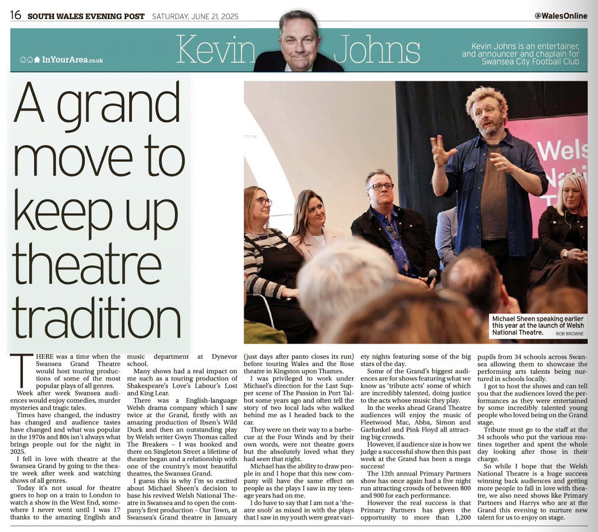 Kev Johns MBE (@kevjohnscymru) on Twitter photo It's Saturday, column day in the South Wales Evening Post. This week I'm talking <a href="/SwanseaGrand/">Swansea Grand Theatre</a> memories, <a href="/michaelsheen/">michael sheen 💙</a> and Wales National Theatre. Also reflecting on an amazing week at the Grand with Primary Partners. It's Saturday, column day in the South Wales Evening Post. This week I'm talking <a href="/SwanseaGrand/">Swansea Grand Theatre</a> memories, <a href="/michaelsheen/">michael sheen 💙</a> and Wales National Theatre. Also reflecting on an amazing week at the Grand with Primary Partners.