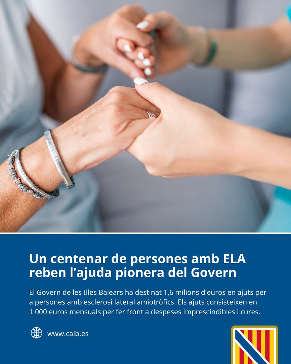 Avui, en el Dia Mundial de l’ELA, visualitzam una de les malalties més cruels. És una satisfacció veure com un centenar de persones ja es beneficien dels ajuts pioners de 1.000 euros mensuals del Govern per fer front a les despeses derivades de les cures.

Continuam treballant,