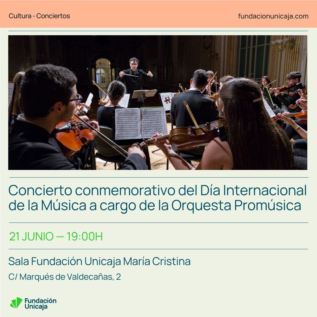 Fundación Unicaja (@fundunicaja) on Twitter photo 🎵Hoy conmemoramos el Día Internacional de la Música con el concierto a cargo de la <a href="/OrquestaProm/">Orquesta Promúsica</a>.
🎻Un recital compuesto por obras de Paganini, Warlock o Gabriel Robles.
🕓19:00h
📌Sala #FundaciónUnicaja María Cristina.
🎟️Compra aquí tu entrada:
is.gd/xN1rjW 🎵Hoy conmemoramos el Día Internacional de la Música con el concierto a cargo de la <a href="/OrquestaProm/">Orquesta Promúsica</a>.
🎻Un recital compuesto por obras de Paganini, Warlock o Gabriel Robles.
🕓19:00h
📌Sala #FundaciónUnicaja María Cristina.
🎟️Compra aquí tu entrada:
is.gd/xN1rjW