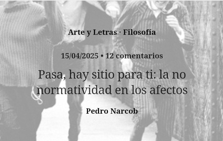 Pedro Narcob (@pedronarcob) on Twitter photo Hoy, #DíaInternacionalDelPoliamor, conviene recordar que hay vida más allá de la normatividad (que alguien le quite el micro). <a href="/JotDownSpain/">Jot Down Magazine</a> me dio un huequecito para hablar de eso en su n°49, así que aquí os dejo el artículo (haber empezado por ahí).
jotdown.es/2025/04/la-no-… Hoy, #DíaInternacionalDelPoliamor, conviene recordar que hay vida más allá de la normatividad (que alguien le quite el micro). <a href="/JotDownSpain/">Jot Down Magazine</a> me dio un huequecito para hablar de eso en su n°49, así que aquí os dejo el artículo (haber empezado por ahí).
jotdown.es/2025/04/la-no-…