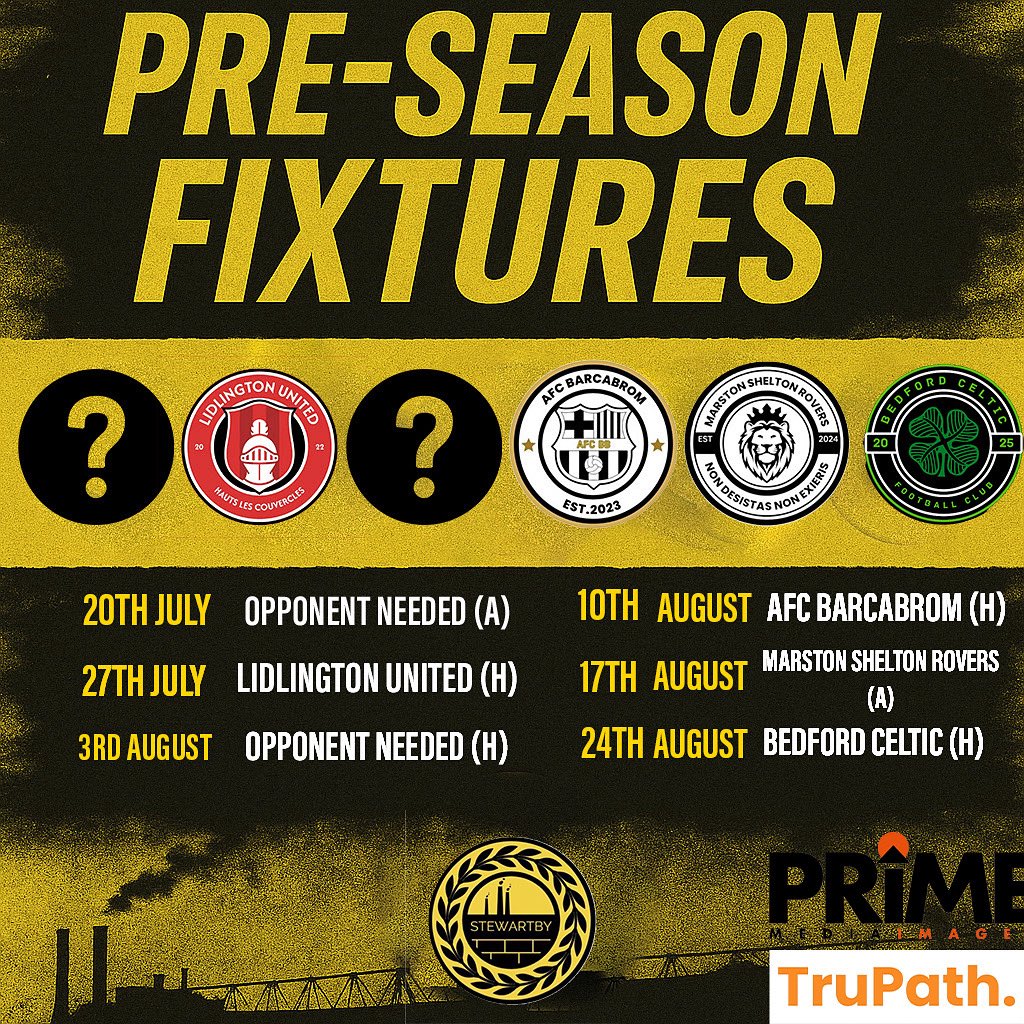 🔥 Pre-season fixtures locked in.
6 games. 2 dates still free.
Think your squad can handle Stewartby? 🏭

📍DM us to fill a slot
⚽ KO: 10:30am
💛 #UpTheChimneys
#StewartbyFC #SundayLeague #PreSeasonReady