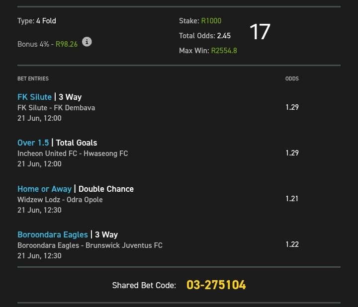 2Sgodo ⚽️🥇🇿🇦 (@2_sgodo) on Twitter photo +2.45 odds on <a href="/Easybet_SA/">Easybet South Africa</a>
Kick-off:⏲️12:00
Bet Slip Code: 03-275104
Copy my bet slip: easybet.co.za/sports?bookedB…
Not yet on Easybet?
Sign up using my promo code 2SGODO to get R50 Sign-Up Bonus + 25 Bonus Spins 👉 ebpartners.click/o/X356qM
18+T&Cs Apply +2.45 odds on <a href="/Easybet_SA/">Easybet South Africa</a>
Kick-off:⏲️12:00
Bet Slip Code: 03-275104
Copy my bet slip: easybet.co.za/sports?bookedB…
Not yet on Easybet?
Sign up using my promo code 2SGODO to get R50 Sign-Up Bonus + 25 Bonus Spins 👉 ebpartners.click/o/X356qM
18+T&Cs Apply