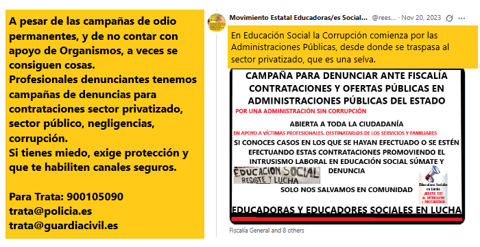 Movimiento Estatal Educación Social en Lucha (@reesyarees) on Twitter photo <a href="/fape_fape/">FAPE</a> <a href="/FeSPeriodistas/">FeSP</a> <a href="/aprensamadrid/">APM</a> <a href="/investigate_es/">Investigate Europe en español</a> <a href="/fiscal_es/">Fiscalía General</a> <a href="/DefensorPuebloE/">Defensor del Pueblo</a> <a href="/AquienDefiende/">DqD</a> <a href="/centre_IRIDIA/">IRÍDIA</a> <a href="/sira_centro/">Centro Sira</a> <a href="/amnistiaespana/">Amnistía Internacional España</a> <a href="/apdhe/">APDHE</a> <a href="/Nosomosdelito/">NoSomosDelito</a> <a href="/pbustinduy/">Pablo Bustinduy</a> <a href="/sirarego/">Sira Rego 🔻</a> <a href="/suker778/">Carlos ⚖️🐱</a> <a href="/SaizElma/">Elma Saiz</a> <a href="/SinRacismoGob/">D.G. Igualdad de Trato y contra el racismo</a> <a href="/Yolanda_Diaz_/">Yolanda Díaz</a> <a href="/_anaredondo_/">Ana Redondo</a> <a href="/sanchezcastejon/">Pedro Sánchez</a> <a href="/rosa_mr_/">Rosa Martínez</a> <a href="/RafaEscudero1/">Rafa Escudero</a> <a href="/rubenperezEU/">Rubén Pérez Correa🔻</a> <a href="/desdelamoncloa/">La Moncloa</a> <a href="/ObservaDESCA/">Observatori DESCA</a> <a href="/ObetiEtica/">Observatorio Etico 🙆🏽♂️🏳️🌈🔻💜 🌎</a> <a href="/RegularizacionY/">✳️ RegularizacionYa Cuenta Oficial</a> <a href="/AlternativasNo2/">AlternativasNoviolentas</a> <a href="/noviolentas/">Noviolentas Acción</a> <a href="/UCFRcat/">UCFR #StopIslamofòbia #StopVOX</a> <a href="/Capitan_Swing/">Capitán Swing</a> <a href="/_Maria_Dantas_/">✳️ Maria Dantas (@mariadantas.bsky.social)</a> <a href="/Tyrexito/">Mauro Entrialgo</a> <a href="/WCorrupcion/">Alertadores contra la Corrupcion. Whistleblower</a> <a href="/Corruptil/">Corruptil</a> <a href="/StopCorrupcio/">Observatori Ciutadà Contra la Corrupció (O3C)</a> <a href="/ConsejoTBG/">Consejo de Transparencia AAI</a> <a href="/REDFEMP_TyP/">Red Transparencia y Participación - RED FEMP</a> <a href="/TISpain/">Transparencia Int.ES</a> <a href="/transparencia_e/">Portal de la Transparencia - España</a> <a href="/RETransparencia/">Revista Española de la Transparencia #RET</a> <a href="/TransparenteGob/">Gobierno Transparente</a> <a href="/COTransparencia/">Congreso Internacional de Transparencia #CIT2025</a> <a href="/UPSJtwit/">UPSJ</a> <a href="/UPFiscales/">UPFiscales</a> <a href="/CoE_children/">CoE Children</a> <a href="/UN_EndViolence/">United Nations SRSG on Violence against Children</a> <a href="/BeBraveGlobal/">Brave Movement</a> <a href="/ChildRightsCnct/">Child Rights Connect</a> <a href="/feminicidio/">Feminicidio·net</a> Durante estos años hemos colaborado, mano a mano, con otros colectivos profesionales y con colectivos de familias, denunciando conjuntamente. Nuestro movimiento estatal no está vinculado a ningún partido político ni sindicato ni organización. #educaciónsocial en lucha <a href="/fape_fape/">FAPE</a> <a href="/FeSPeriodistas/">FeSP</a> <a href="/aprensamadrid/">APM</a> <a href="/investigate_es/">Investigate Europe en español</a> <a href="/fiscal_es/">Fiscalía General</a> <a href="/DefensorPuebloE/">Defensor del Pueblo</a> <a href="/AquienDefiende/">DqD</a> <a href="/centre_IRIDIA/">IRÍDIA</a> <a href="/sira_centro/">Centro Sira</a> <a href="/amnistiaespana/">Amnistía Internacional España</a> <a href="/apdhe/">APDHE</a> <a href="/Nosomosdelito/">NoSomosDelito</a> <a href="/pbustinduy/">Pablo Bustinduy</a> <a href="/sirarego/">Sira Rego 🔻</a> <a href="/suker778/">Carlos ⚖️🐱</a> <a href="/SaizElma/">Elma Saiz</a> <a href="/SinRacismoGob/">D.G. Igualdad de Trato y contra el racismo</a> <a href="/Yolanda_Diaz_/">Yolanda Díaz</a> <a href="/_anaredondo_/">Ana Redondo</a> <a href="/sanchezcastejon/">Pedro Sánchez</a> <a href="/rosa_mr_/">Rosa Martínez</a> <a href="/RafaEscudero1/">Rafa Escudero</a> <a href="/rubenperezEU/">Rubén Pérez Correa🔻</a> <a href="/desdelamoncloa/">La Moncloa</a> <a href="/ObservaDESCA/">Observatori DESCA</a> <a href="/ObetiEtica/">Observatorio Etico 🙆🏽♂️🏳️🌈🔻💜 🌎</a> <a href="/RegularizacionY/">✳️ RegularizacionYa Cuenta Oficial</a> <a href="/AlternativasNo2/">AlternativasNoviolentas</a> <a href="/noviolentas/">Noviolentas Acción</a> <a href="/UCFRcat/">UCFR #StopIslamofòbia #StopVOX</a> <a href="/Capitan_Swing/">Capitán Swing</a> <a href="/_Maria_Dantas_/">✳️ Maria Dantas (@mariadantas.bsky.social)</a> <a href="/Tyrexito/">Mauro Entrialgo</a> <a href="/WCorrupcion/">Alertadores contra la Corrupcion. Whistleblower</a> <a href="/Corruptil/">Corruptil</a> <a href="/StopCorrupcio/">Observatori Ciutadà Contra la Corrupció (O3C)</a> <a href="/ConsejoTBG/">Consejo de Transparencia AAI</a> <a href="/REDFEMP_TyP/">Red Transparencia y Participación - RED FEMP</a> <a href="/TISpain/">Transparencia Int.ES</a> <a href="/transparencia_e/">Portal de la Transparencia - España</a> <a href="/RETransparencia/">Revista Española de la Transparencia #RET</a> <a href="/TransparenteGob/">Gobierno Transparente</a> <a href="/COTransparencia/">Congreso Internacional de Transparencia #CIT2025</a> <a href="/UPSJtwit/">UPSJ</a> <a href="/UPFiscales/">UPFiscales</a> <a href="/CoE_children/">CoE Children</a> <a href="/UN_EndViolence/">United Nations SRSG on Violence against Children</a> <a href="/BeBraveGlobal/">Brave Movement</a> <a href="/ChildRightsCnct/">Child Rights Connect</a> <a href="/feminicidio/">Feminicidio·net</a> Durante estos años hemos colaborado, mano a mano, con otros colectivos profesionales y con colectivos de familias, denunciando conjuntamente. Nuestro movimiento estatal no está vinculado a ningún partido político ni sindicato ni organización. #educaciónsocial en lucha