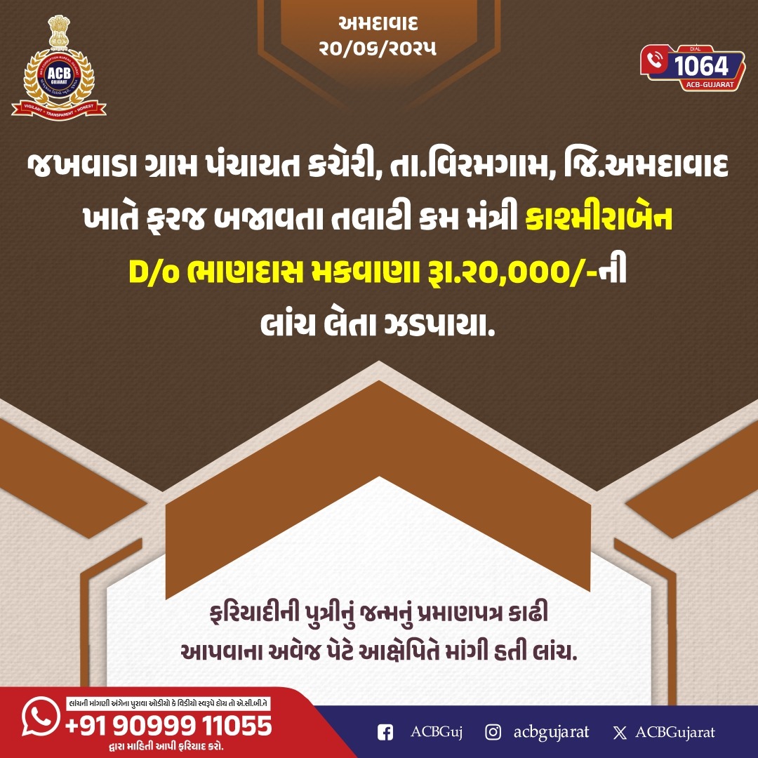 ACB Gujarat (@acbgujarat) on Twitter photo જખવાડા ગ્રામ પંચાયત કચેરી, તા.વિરમગામ, જિ.અમદાવાદ ખાતે ફરજ બજાવતા તલાટી કમ મંત્રી કાશ્મીરાબેન D/o ભાણદાસ મકવાણા રૂા.૨૦,૦૦૦/-ની લાંચ લેતા ઝડપાયા.
Dial 1064
<a href="/sanghaviharsh/">Harsh Sanghavi</a> <a href="/PIYUSH_270871/">PIYUSH PATEL IPS</a> <a href="/InfoGujarat/">Gujarat Information</a>
.
.
#ACBGujarat #Gujarat #FightAgainstCorruption #CareProgram જખવાડા ગ્રામ પંચાયત કચેરી, તા.વિરમગામ, જિ.અમદાવાદ ખાતે ફરજ બજાવતા તલાટી કમ મંત્રી કાશ્મીરાબેન D/o ભાણદાસ મકવાણા રૂા.૨૦,૦૦૦/-ની લાંચ લેતા ઝડપાયા.
Dial 1064
<a href="/sanghaviharsh/">Harsh Sanghavi</a> <a href="/PIYUSH_270871/">PIYUSH PATEL IPS</a> <a href="/InfoGujarat/">Gujarat Information</a>
.
.
#ACBGujarat #Gujarat #FightAgainstCorruption #CareProgram