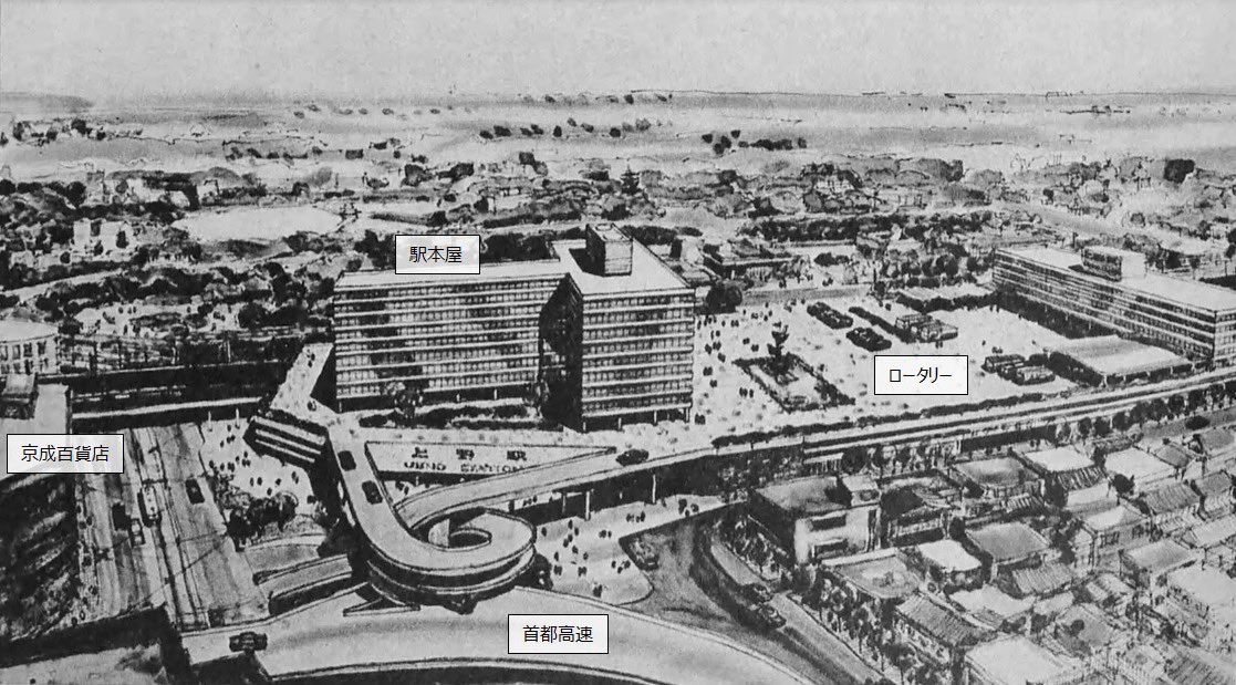 urakutenism's tweet photo. 高度成長期真っ只中の1965(昭和40)年頃に話が持ち上がった上野駅の改築計画。結局白紙撤回となり、現在も戦前に建てられた駅舎が使われています。 https://t.co/A8Q7IyKCNd