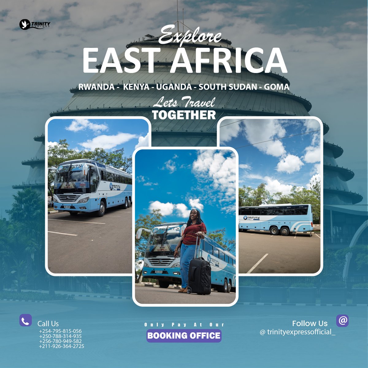 trinityexpress_'s tweet photo. From Rwanda 🇷🇼 to Kenya 🇰🇪, Uganda 🇺🇬, South Sudan 🇸🇸 &amp; Goma 🇨🇩 — let’s travel together! ✨
📍 Only pay at our booking office
📞 Contact us today &amp; hit the road with Trinity Express! https://t.co/Y4sf9e5lTG