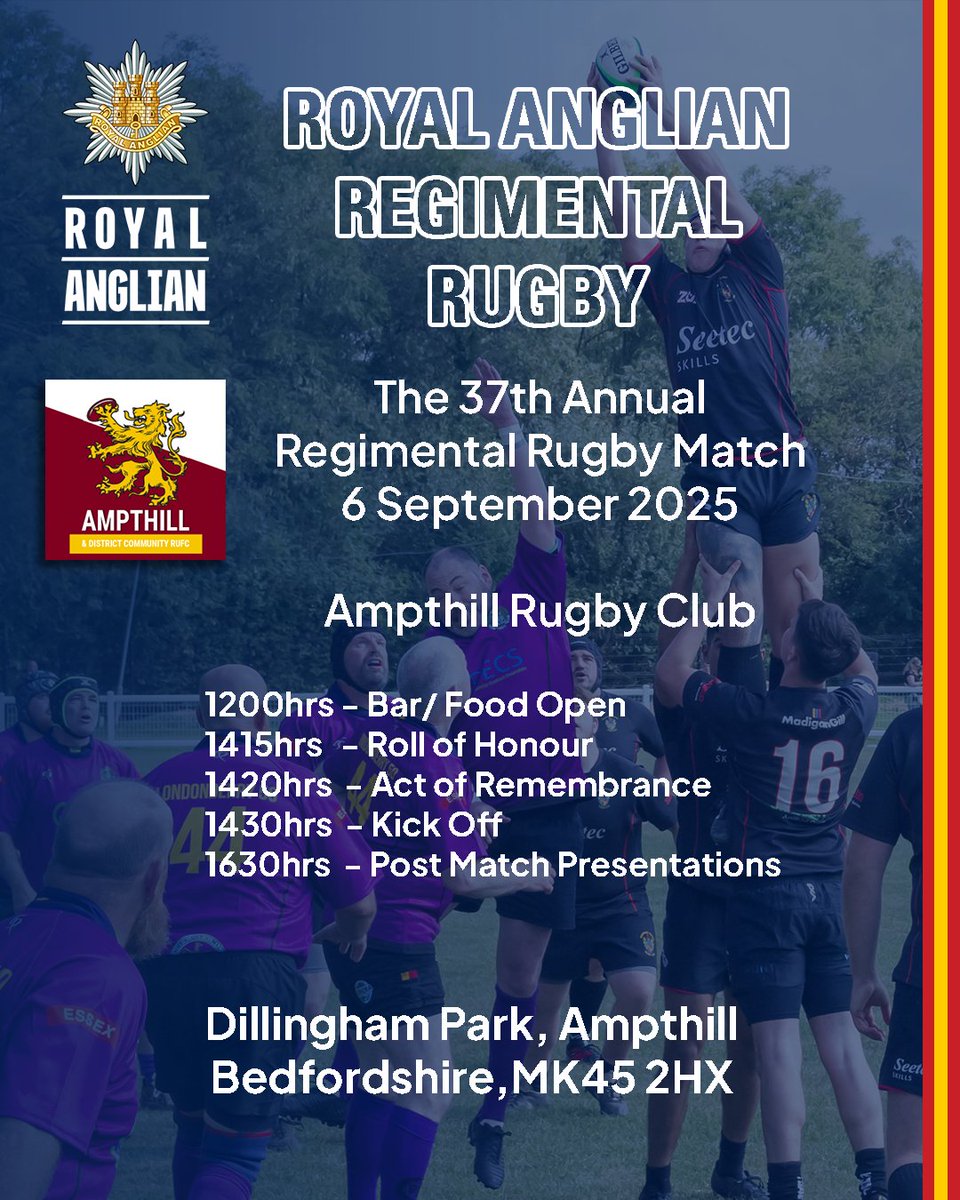 The annual Royal Anglian Regimental Ruby match, will take place on 6 Sep.

Ampthill Ruby Club, Dillingham Park, MK45 2HX.

#Ampthill #Rugby #RoyalAnglian #StrengthfromWithin #Veteran