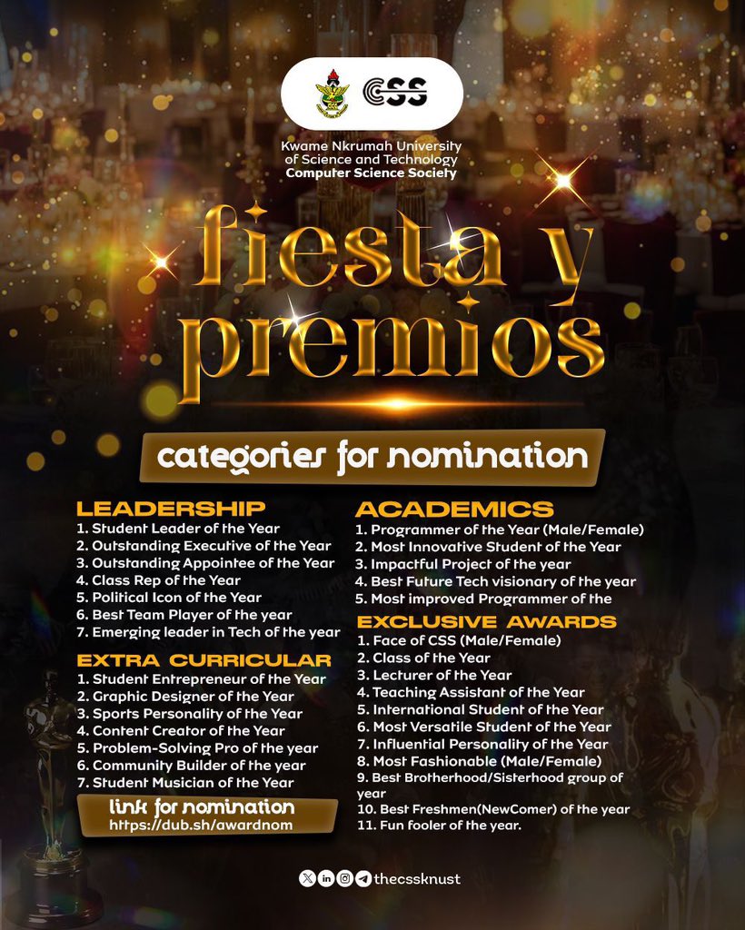 thecssknust's tweet image. Fiesta Y Premios โ25 ๐ฅ
Nominations are OPEN!
Nominate your stars now ๐ dub.sh/awardnom
The most anticipated Dinner & Awards Night is almost here! ๐ซ
An evening of class, celebration & unforgettable memories awaits.
#FiestaYPremios #NightToRemember