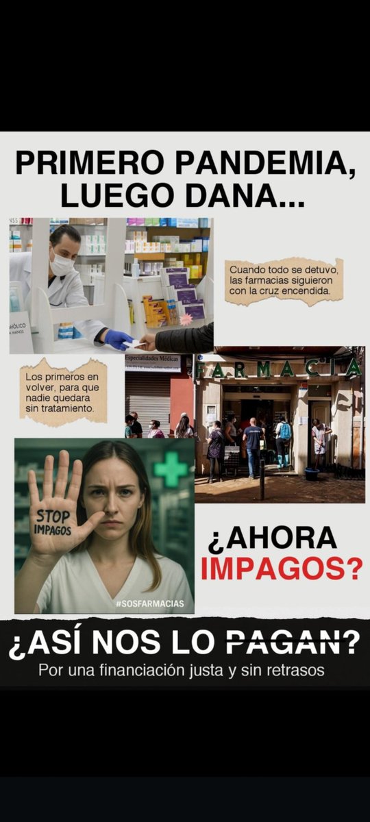 Ahora que, se apaga la luz de la farmacia o que pretendéis hacer, así nos lo pagáis cuando siempre hemos estado ahí , los primeros.... <a href="/GVAsanitat/">GVA Sanitat</a> <a href="/sanidadgob/">Ministerio de Sanidad</a> @carlos_mazon_ <a href="/sanchezcastejon/">Pedro Sánchez</a> <a href="/icofcastellon/">ICOFCS Castellón</a> <a href="/micofvlc/">Micofvlc</a> <a href="/COFAoficial/">COFA Oficial</a> <a href="/AfarpaAlicante/">AFARPA</a> <a href="/Sefarorg/">Sefar</a>