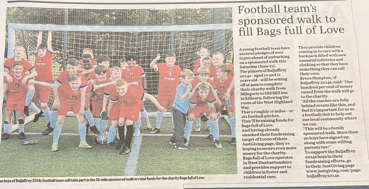 Good luck to all the boys from Baljaffray FC 2014’s who are walking 10 miles of the west highland way today raising funds for Bags full of Love. We are truly grateful for all their support 💜