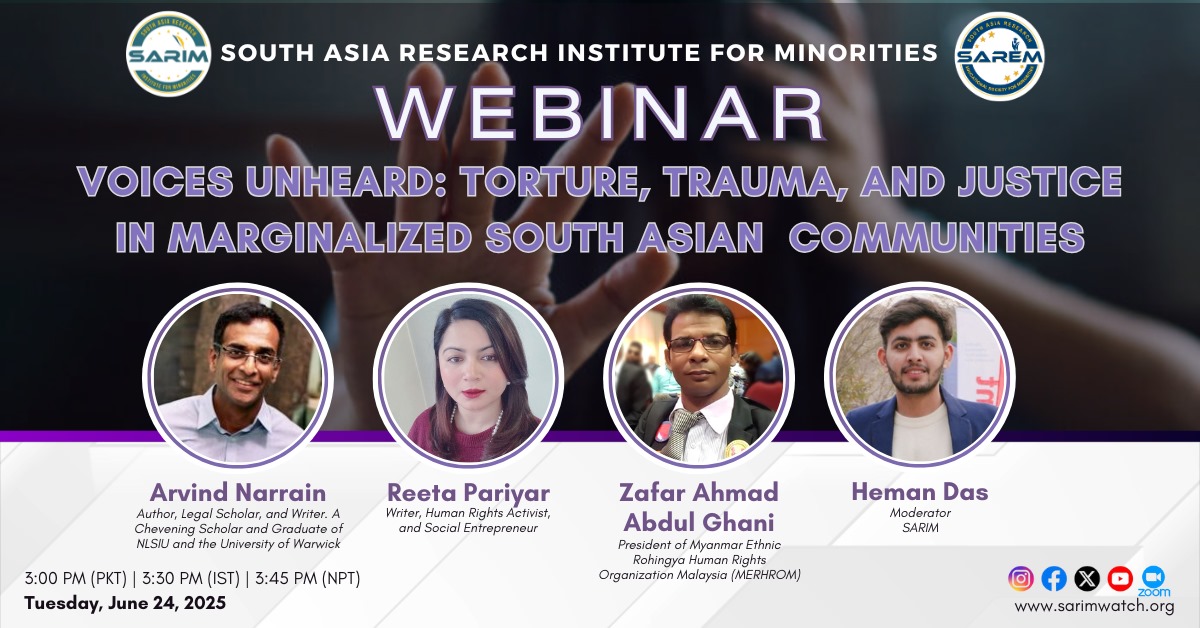 📢 Coming Up: A Crucial Conversation on Justice and Healing

On June 24, 2024, join us for a powerful webinar titled:
“Voices Unheard: Torture, Trauma, and Justice in Marginalized South Asian Communities.”

As stories of pain and perseverance too often go unnoticed, this timely