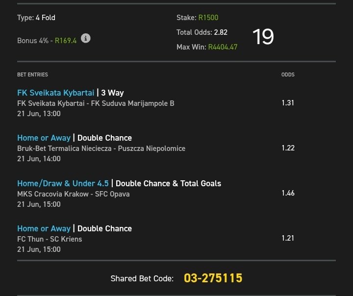 2Sgodo ⚽️🥇🇿🇦 (@2_sgodo) on Twitter photo +2.82 odds on <a href="/Easybet_SA/">Easybet South Africa</a>
Kick-off:⏲️13:00
Bet Slip Code: 03-275115
Copy my bet slip: easybet.co.za/sports?bookedB…
Not yet on Easybet?
Sign up using my promo code 2SGODO to get R50 Sign-Up Bonus + 25 Bonus Spins 👉 ebpartners.click/o/X356qM
18+T&Cs Apply +2.82 odds on <a href="/Easybet_SA/">Easybet South Africa</a>
Kick-off:⏲️13:00
Bet Slip Code: 03-275115
Copy my bet slip: easybet.co.za/sports?bookedB…
Not yet on Easybet?
Sign up using my promo code 2SGODO to get R50 Sign-Up Bonus + 25 Bonus Spins 👉 ebpartners.click/o/X356qM
18+T&Cs Apply