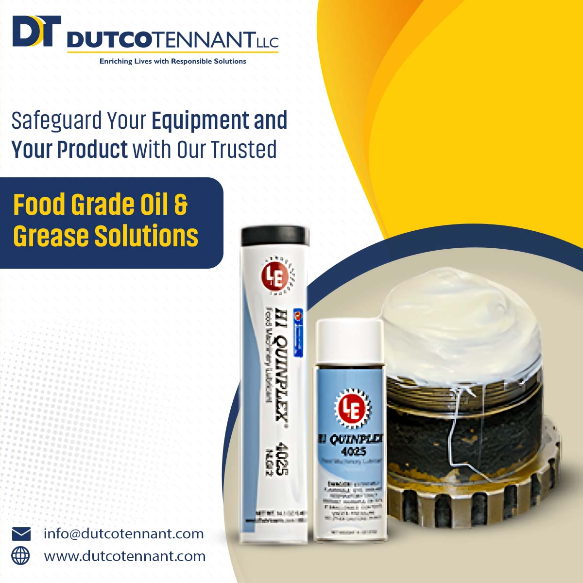 Dutco Tennant LLC (@dutcotennant) on Twitter photo #DUTCOTENNANTLLC offers NSF H1 & USDA H2 certified Food Grade Oil & Grease Solutions designed to handle extreme temperatures, washdowns, moisture, and contamination risks.
Email us now at info@dutcotennant.com to know more.
#LubricationSolutions #FoodAndBeverage #DUTCOTENNANTLLC offers NSF H1 & USDA H2 certified Food Grade Oil & Grease Solutions designed to handle extreme temperatures, washdowns, moisture, and contamination risks.
Email us now at info@dutcotennant.com to know more.
#LubricationSolutions #FoodAndBeverage